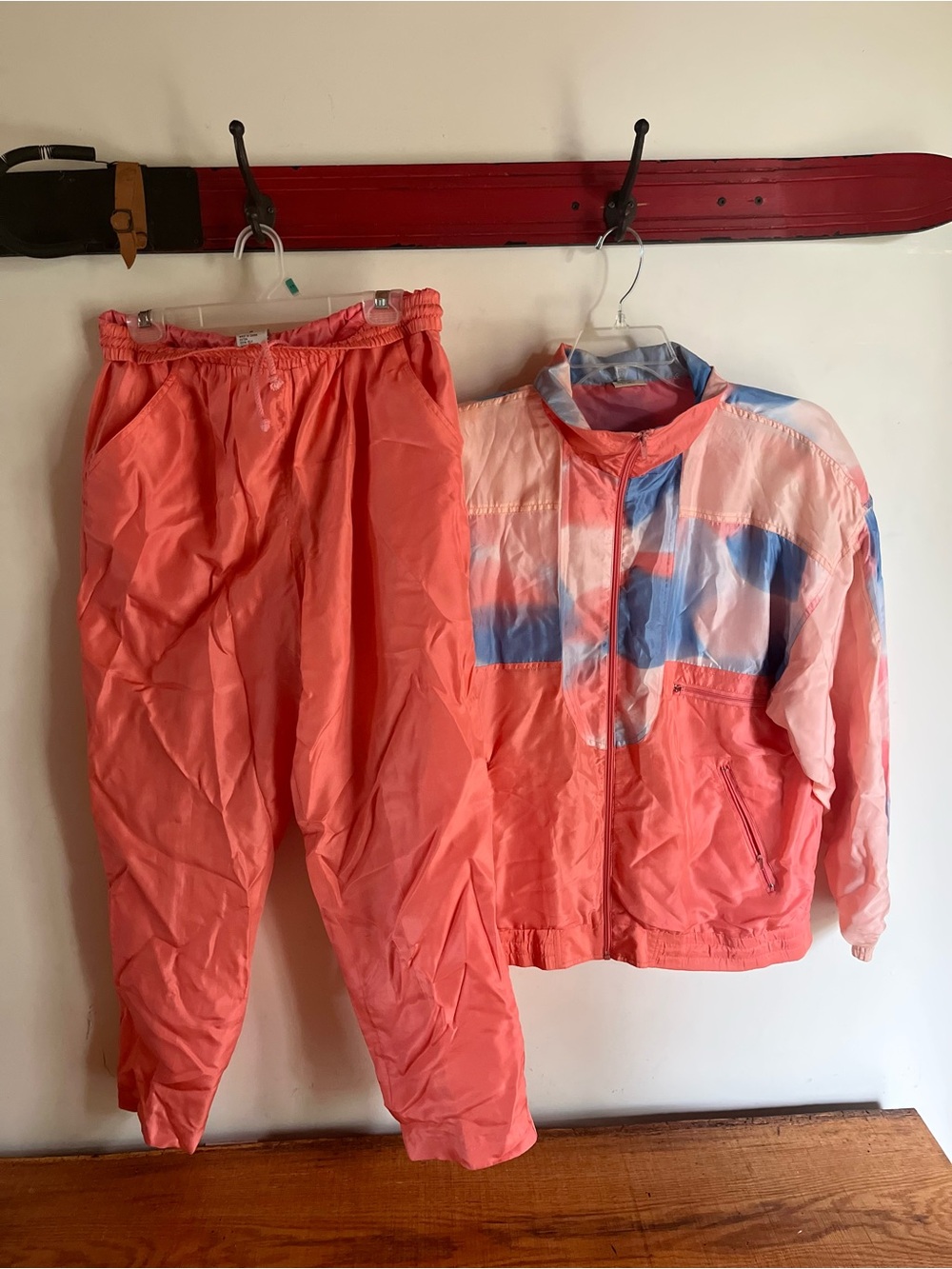 Coral and Pastel Blue Colorblock Windbreaker track suit 100% Silk, Vintage